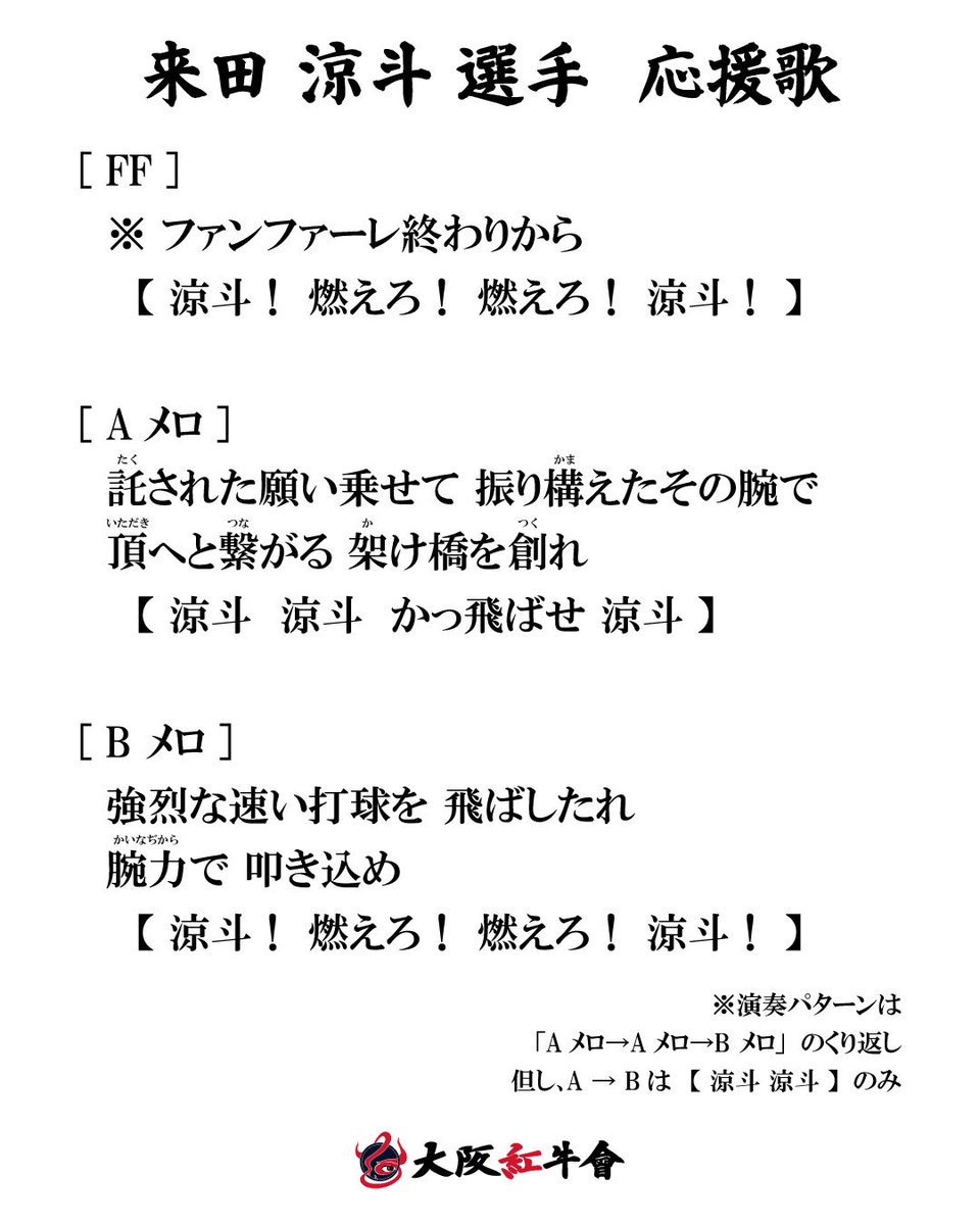 deepredbulls's tweet photo. 来田 涼斗 選手 応援歌

 [FF]
※ファンファーレ終わりから
【涼斗！燃えろ！燃えろ！涼斗！】

[Aメロ]
託された願い乗せて 振り構えたその腕で
頂へと繋がる 架け橋を創れ
【涼斗 涼斗 かっ飛ばせ 涼斗】

[B メロ]
強烈な速い打球を 飛ばしたれ 
腕力で 叩き込め
【涼斗！燃えろ！燃えろ！涼斗！】 https://t.co/S51dH2CDhr