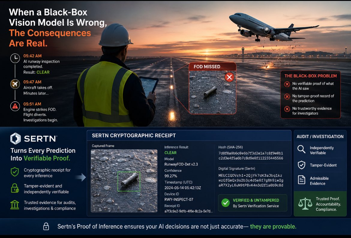 SCurry_12's tweet photo. At 5:42 AM, the runway looked perfect. A legacy Computer Vision model gave the all-clear. ✈️
Minutes later, a departing jet struck a small piece of Foreign Object Debris. One damaged engine, hours of airport disruption, millions in losses and investigators asked the hardest question:
"Why did the AI say the runway was safe?"
A black-box prediction couldn't answer.
With Sertn, every visual detection comes with a cryptographic, verifiable receipt proving exactly what the model saw, what it predicted, and that the record hasn't been altered. During the safety investigation, that receipt became trusted evidence instead of "trust us" logs giving auditors a tamper-evident trail for every AI decision.
When Computer Vision protects critical infrastructure, accuracy matters. Proof matters too.
#Sertn #VisionAI #ProofOfInference #AICompliance #ComputerVision
