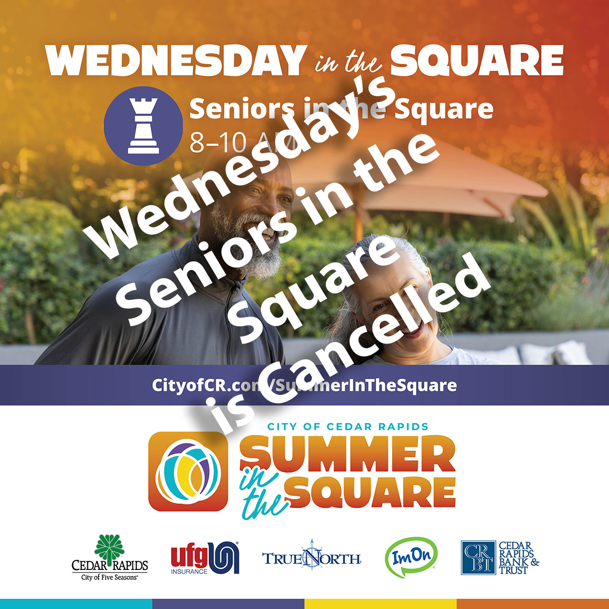 CityofCRiowa's tweet photo. ๐ง๏ธ Due to the forecasted weather, this morning's Seniors in the Square has been canceled.
We'll see you back in Greene Square soon!
https://t.co/duXN8Sfm29
#SummerInTheSquare #PlayCR https://t.co/a4gpNqZv0g