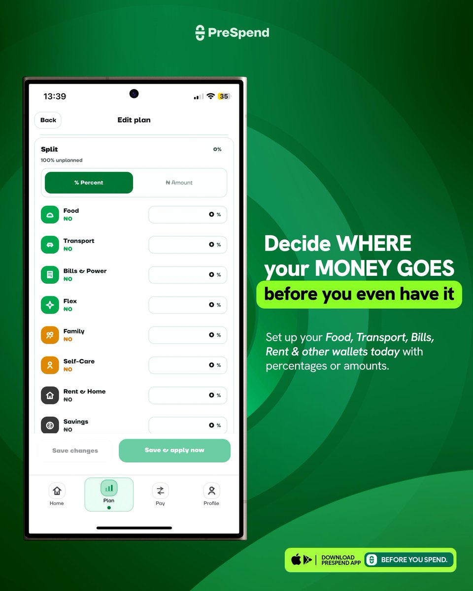 useprespend's tweet photo. Your salary hits your account, and before you know it, it's almost gone. Maybe you don't need more money, just a better plan. With PreSpend, you can set your budget by percentage or amount and spend directly from your budget. 

Download now https://t.co/6Iq26DmCNQ. https://t.co/SCdi2jtPI0