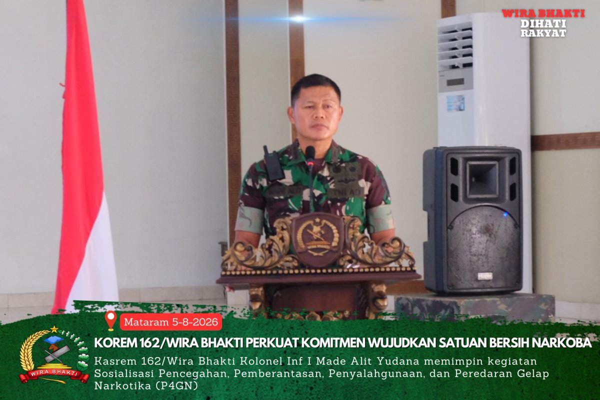 Korem162W's tweet photo. Korem 162/Wira Bhakti Perkuat Komitmen Wujudkan Satuan Bersih Narkoba

📍   Makorem 162/Wira Bhakti 
🗓️   5 Agustus 2026

https://t.co/c3tGqsjWV9

@puspentni
@tni_angkatan_darat
@kodam.ix.udayana
#TNI_PRIMA 
#kodamudayana
#wirabhakti
#P4GN https://t.co/f8nvZpDNJb