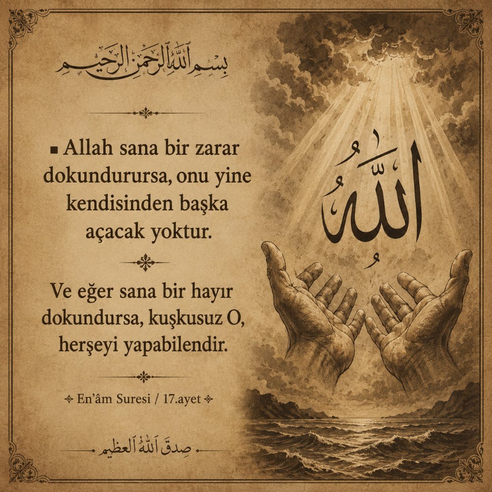 ruhulfurkanx's tweet photo. Rahmân ve Rahîm olan Allah'ın adıyla;

▪️Allah sana bir zarar dokundurursa, onu yine kendisinden başka açacak yoktur. Ve eğer sana bir hayır dokundursa, kuşkusuz O, herşeyi yapabilendir.

En’âm Suresi / 17.ayet
#Kuran #Ayet https://t.co/PgI7ugtC4h