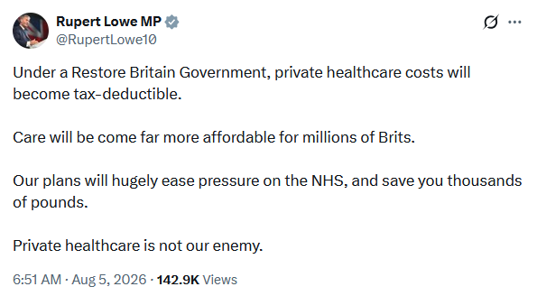 docrussjackson's tweet photo. Rupert Lowe has told his followers on @X that a "Restore Britain Government" would make private healthcare costs tax-deductible, that this would "hugely ease pressure on the #NHS", and that "private healthcare is not our enemy."

Really Rupert? Who, exactly, would benefit from that policy, and who has been asking for it for years?

A tax-deductible private healthcare scheme is not a subsidy for "millions of Brits," whatever the tweet claims. Tax deductions are worth more the more you earn, and worth nothing at all to the roughly 40% of UK adults who don't earn enough to pay income tax in the first place, or who could never stretch to a private premium regardless of the discount.

It is, structurally, a policy that transfers public money to people who already have the means to go private, most of whom are already healthier, wealthier, and less likely to need the NHS at all. 

Meanwhile every pound diverted through the tax system into private premiums is a pound not collected for the NHS that everyone else still relies on.

This is not a fringe reading of the policy. It is the standard critique of tax-relief-on-private-insurance schemes wherever they have been tried, and it is why the Treasury has repeatedly resisted them.

Lowe presents himself as a plain-speaking businessman simply pointing out what works. His own record suggests something closer to a man arguing for a market he has a direct financial history in, and one whose failures he has already lived through.

Companies House confirms Lowe was a director of Rutherford Health Plc, formerly Proton Partners International, from 27 February 2018. He served as non-executive chairman for part of that period, completed his term as chairman in December 2021, and remained a non-executive director until he resigned on 10 February 2022. This was not an adjacent supplier.

Rutherford Health was a private oncology company, building and operating proton beam therapy and cancer treatment centres in Newport, Bedlington, Liverpool and Reading.

On 13 June 2022, several months after Lowe's resignation, the High Court made winding-up orders against Rutherford Health Plc and seven related group companies. The Official Receiver was appointed liquidator, and treatment and diagnostic services at all four sites stopped.

Reported factors behind the collapse include a sharp fall in patient numbers during the pandemic, capital expenditure of over £240 million to build the proton beam centres, insufficient NHS referrals and contracts, and cash burn from rapid expansion.

Lowe's role throughout was non-executive, meaning board oversight rather than day-to-day management, and he had already left the board some months before the winding-up orders. 

None of that changes the basic fact: a multimillionaire, proposing tax breaks to grow private healthcare, sat on the board of a private healthcare company for four years, including a period as its chairman, and that company later collapsed into liquidation owing money against its cancer treatment centres.

That is not his only interest in the sector, only the most direct. Companies House also confirms him as an active, current director of two Winchester biotech firms, Biopharma Process Systems Ltd and Biopharma Technology Ltd, continuously since 2009, alongside his declared role as director and major shareholder of PE487 Ltd, a pharma business at the same address.

He is also an active director of two family IT and infrastructure contractors, Data-Path Office Network Services Ltd and J.Brand Ltd, both of which advertise long-standing NHS work, and which sit, along with the century-old electrical contractor Lowe & Oliver, under Lowe Holdings Ltd, the family holding company of which he has been the controlling person since 2016.

Rupert Lowe sits atop a consolidated, decades-old family business empire with declared and active interests running through pharma, biotech, NHS-facing contracting and, until its collapse, private cancer care itself, alongside a political career built on demanding the state get smaller.

This is consistent with everything else Lowe has said on the subject.

In January 2025 he told an interviewer he wanted "some form of scheme where we buy our own healthcare."

He has spent his time in Parliament railing against tax generally, describing himself as "acutely aware" of how much British workers pay, while showing no comparable concern about people who rely on the NHS or benefits, whom he has repeatedly attacked as a drain on the country.

Private healthcare tax relief is not a break from that record. It is the same anti-tax, anti-state politics with a healthcare label on it.

Lowe frames this as a plan to relieve the NHS. The international evidence says the opposite system, the one built around private insurance rather than universal tax-funded care, performs worse, not better.

The Commonwealth Fund's repeated cross-country comparisons put the US, the world's most privatised, insurance-dependent healthcare system, last among wealthy nations on access, affordability, equity and outcomes, despite spending far more per person than any other country, including the UK.

The UK, by contrast, has consistently ranked near the top of the same comparisons on access and equity, precisely because care is allocated by need rather than ability to pay.

A tax incentive that pulls wealthier, healthier patients and public money out of that pooled system does not relieve pressure on it. It erodes the funding base and the political constituency that keeps it universal, the classic first step toward the two-tier system Lowe's American backers already live with.

None of this is unusual for Lowe. It is the same move he makes on immigration, on crime, on the welfare state: take a real and serious problem, in this case NHS pressure, and offer a simplistic ineffective solution that happens to serve people exactly like him, dressed up as 'common sense' that only the timid political establishment lacks the courage to say out loud.

"Private healthcare is not our enemy," he says. He might have added: nor is it a stranger, and the last private healthcare venture he sat on the board of didn't survive contact with the market he now wants to expand.