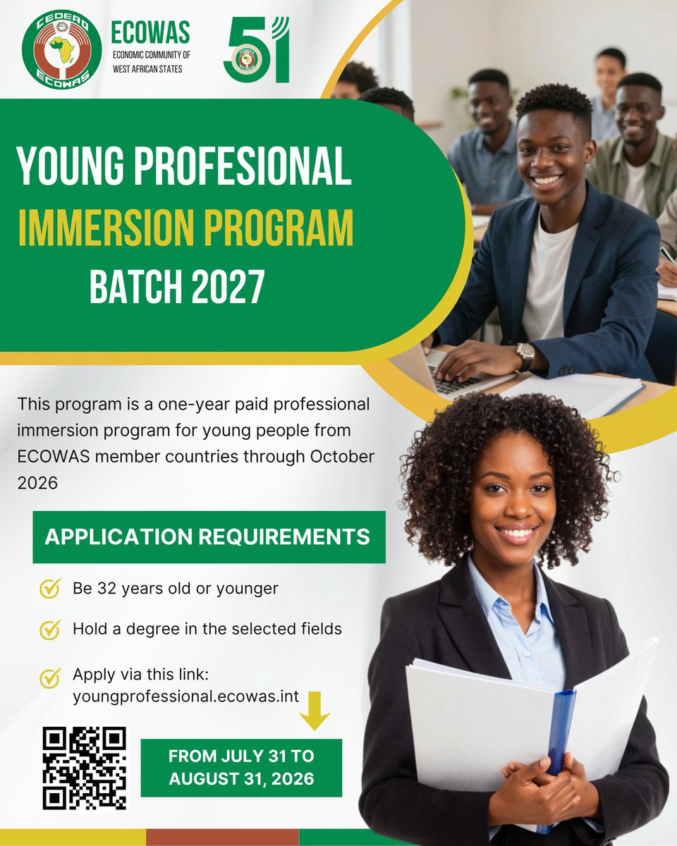 DanielWellings_'s tweet photo. ECOWAS Graduate Trainee Application is out! 

ECOWAS is officially inviting applications for its one year, fully paid professional immersion program. This unique initiative allows young professionals to actively contribute to regional integration strategies while developing high-level skills alongside industry experts.

Requirements:

✔️Be 32 years old or younger.
✔️Hold a degree in a relevant field from a recognized institution.

Deadline: August 31, 2026.

Apply via:  https://t.co/hohTbqFnhZ or scan the QR code on the flyer below.