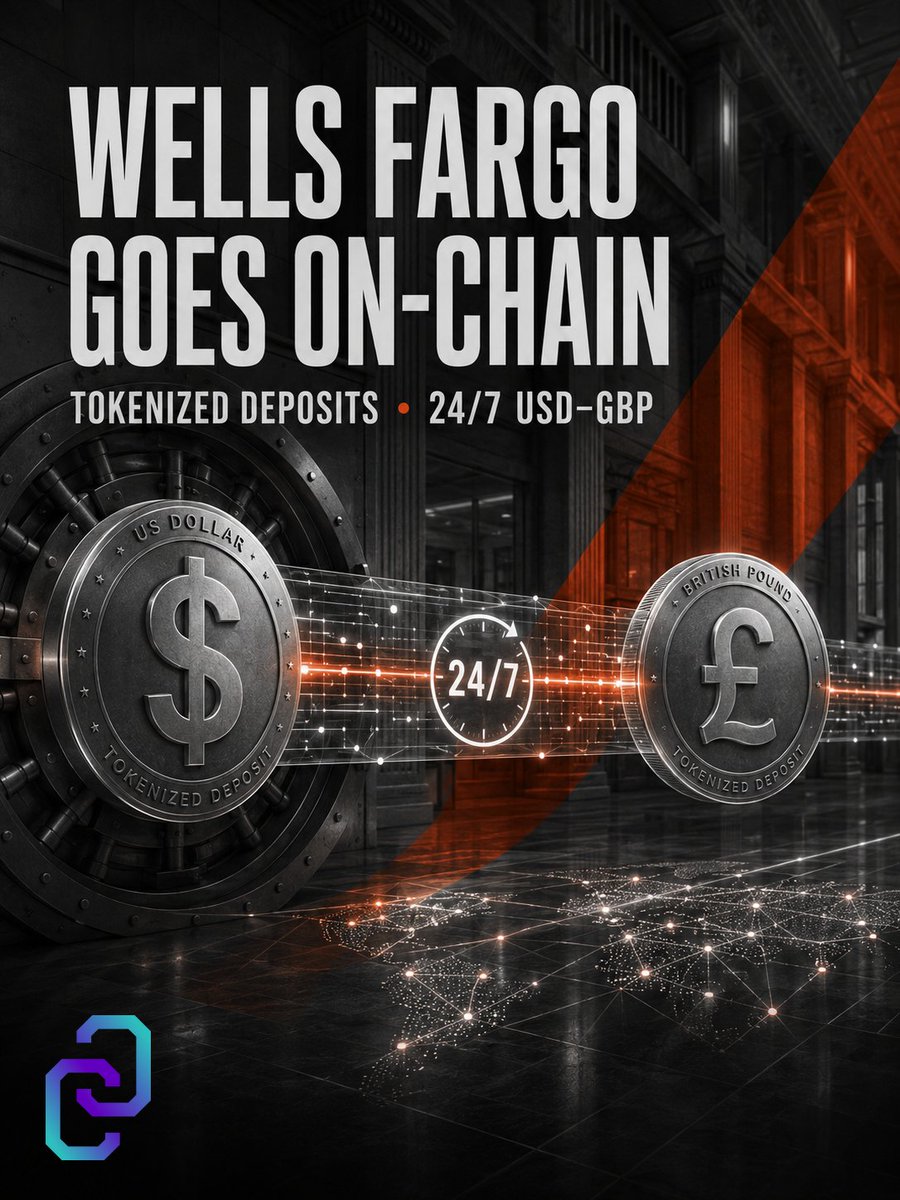 ChainReporters's tweet photo. 🏦 Wells Fargo will launch tokenized deposits this fall, starting with 24/7 dollar-to-pound transfers for select corporate clients on its own blockchain.

Corporate banking is moving toward always-on settlement.

#ChainReporter #WellsFargo #Tokenization https://t.co/4P0zy9qRn7