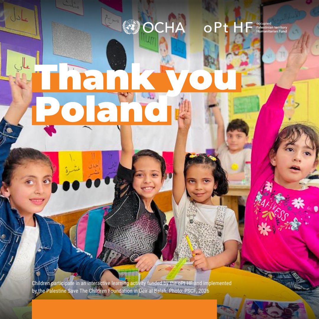 ochaopt's tweet photo. Many thanks to the Government of 🇵🇱 Poland for its first-ever contribution to the occupied Palestinian territory Humanitarian Fund. Your generous support of US$1.05M will help humanitarian partners deliver timely, life-saving assistance to people in need. @OCHAFunds https://t.co/DTt0Kuqcoe