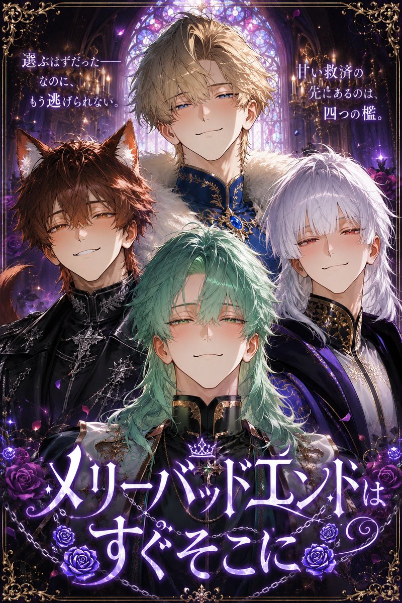 popocha_ai's tweet photo. 🔞 新作ストーリー公開 🔞
『メリーバッドエンドはすぐそこに』
※センシティブ作品です。

​「好感度MAXから始まる、逃げ場ゼロの四つ巴ダークロマンス！」
世界を救った次の日の朝。
前世の​記憶が戻った時には、時すでに遅し。
共に戦ってきた4人の男たちの好感度は、とっくにカンスト状態だった……！
​表向きは完璧で優しい彼らが水面下で繰り広げる、ドロドロの牽制劇。彼らの執着が限界を迎える前に、あなたは身を守り切れるのか――！？

​👇逃げ場のないメリーバッドエンドへ
https://t.co/60IbthbM4Y

#キャラぷ #乙女ゲーム #メリーバッドエンド