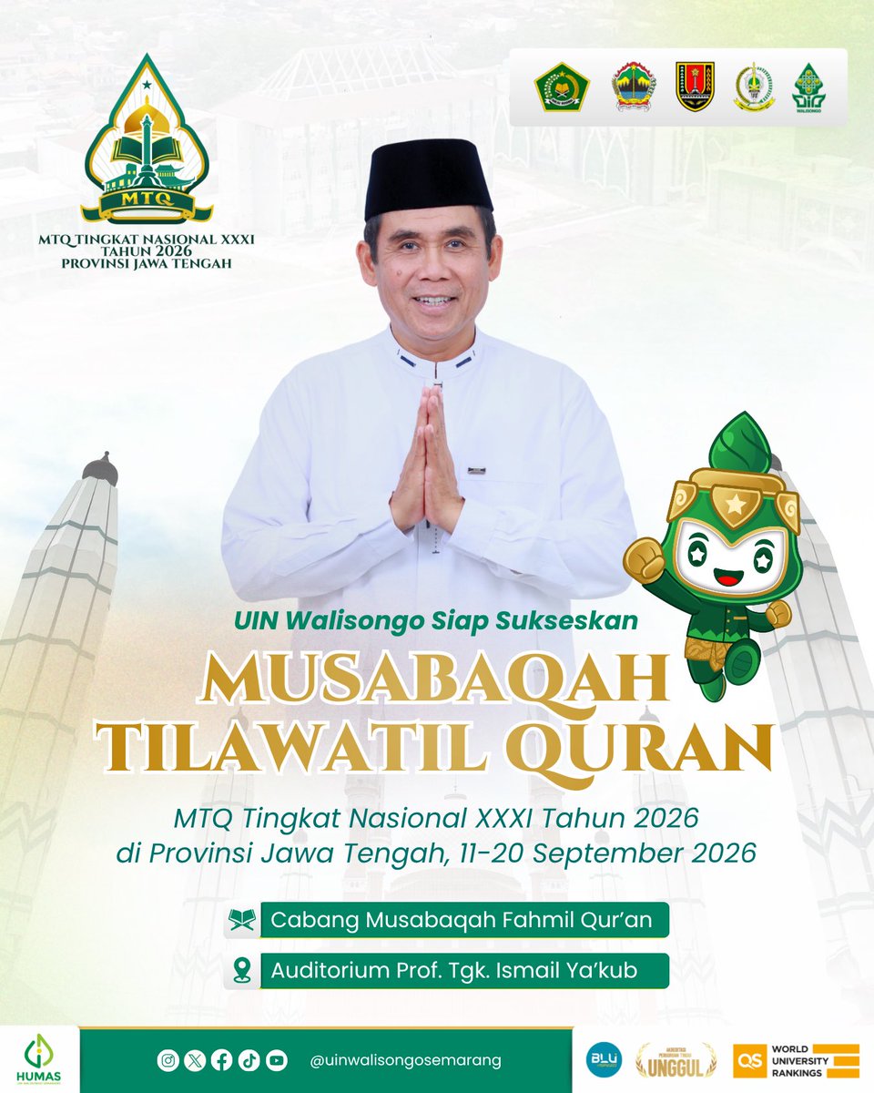 UinWSofficial's tweet photo. UIN Walisongo siap menjadi tuan rumah MTQ Nasional XXXI Tahun 2026 cabang Musabaqah Fahmil Qur'an. https://t.co/r28MuUQwhN