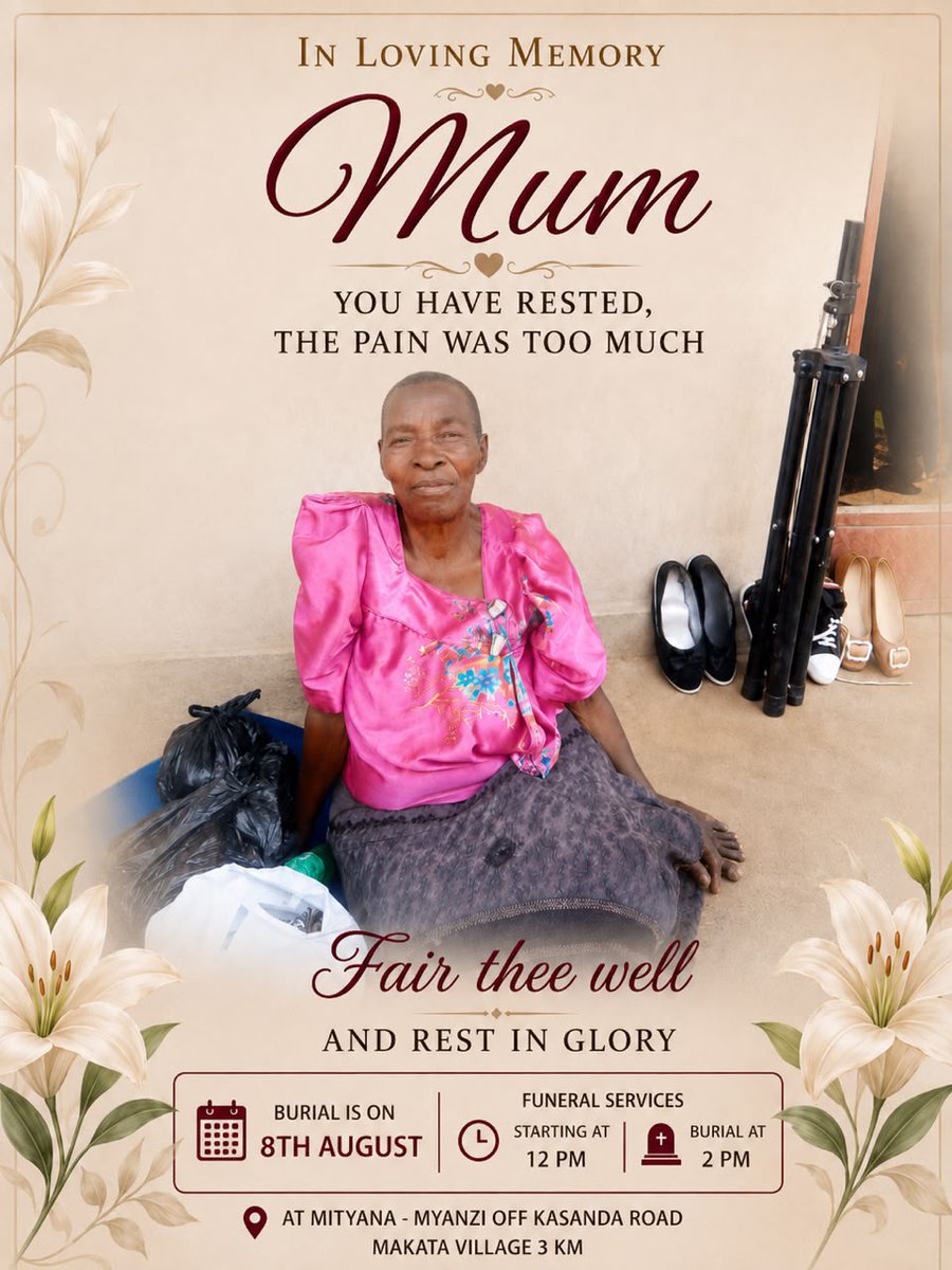uydelx's tweet photo. Our deepest condolences to our Executive Director, Dr. Rogers Kasirye, and the entire family on the passing of their beloved mother, Ms. Mary Nankya.

During this difficult time, the UYDEL family stands with you in prayer and solidarity. May God grant you strength, comfort, and peace, and may her soul rest in eternal peace.

Burial: Saturday, 8 August 2026, 2:00 PM
Makata Village, Myanzi, off Kasanda Road, Mityana (3 km)
"The Lord is close to the brokenhearted and saves those who are crushed in spirit." — Psalm 34:18

#Condolences #RestInPeace #UYDEL