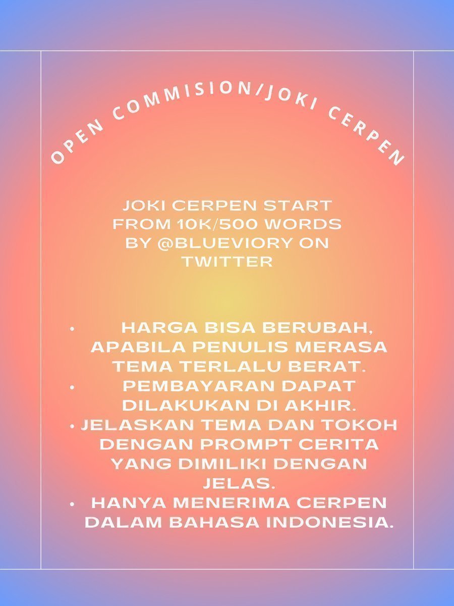ItsColirios1_'s tweet photo. yg mauu joki cerpen perhalaman, puisi, esai dan resensi. utk fee-nya start 10k untuk cerpen &amp;&amp; resensi dan 7k untuk puisi yaa, aku juga buka jasa caption sosmed, artikel content writing maupun akademik, serta script video. bisa chat wa #bealanja #zonajajan #jokitugas #zonauang https://t.co/0sSSihEoNp