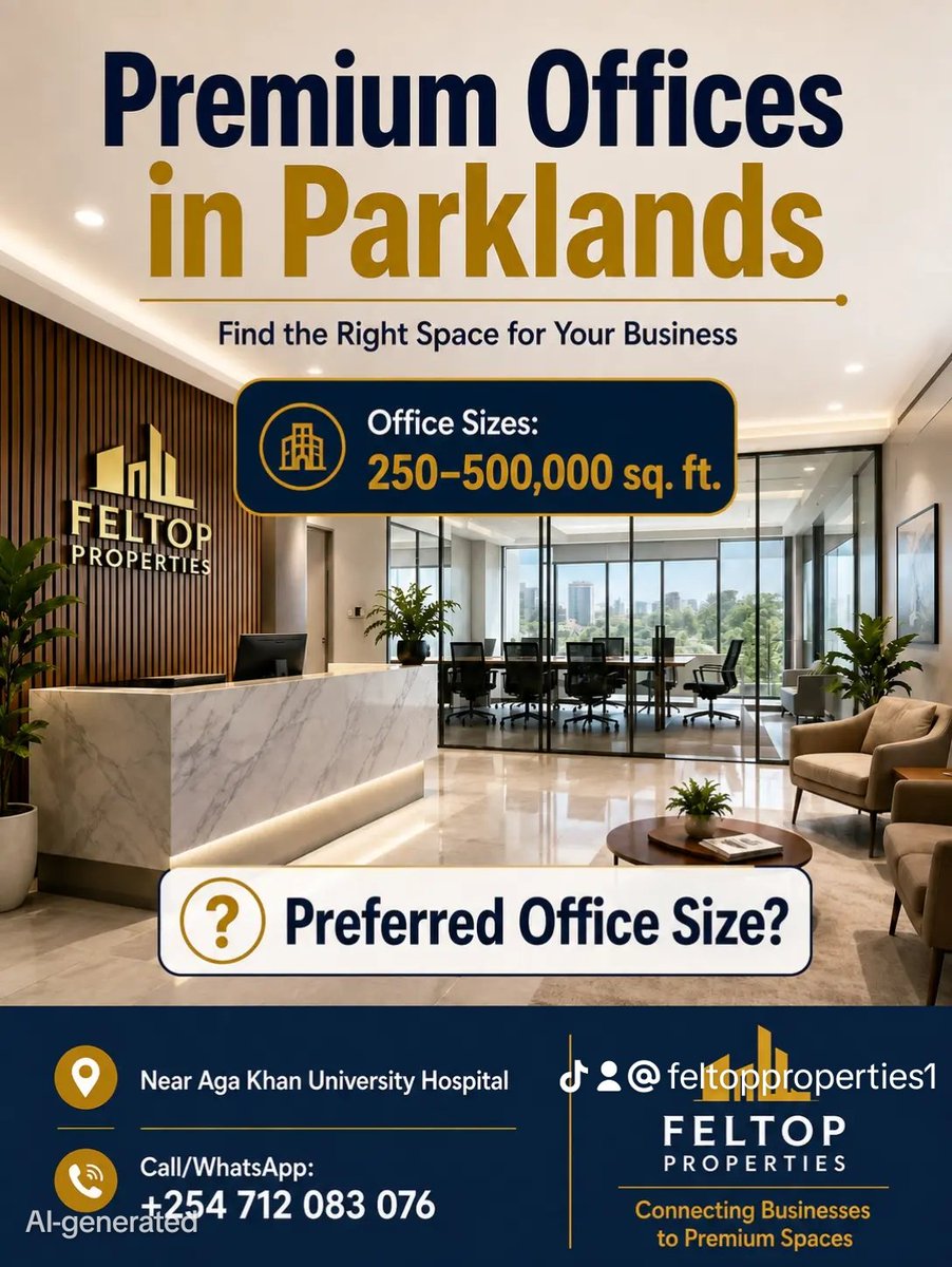 Feltoppropertie's tweet photo. 🏢 Premium Offices in Parklands

Find the right space for your business.
📍 Near Aga Khan University Hospital
📏 Office Sizes: 250–500k sq.ft.
💼 Ideal for startups, SMEs, consultants, medical professionals &amp; corporate offices.

❓Preferred office size? Tell us below.

#Parklands https://t.co/CIh2n9QJsH