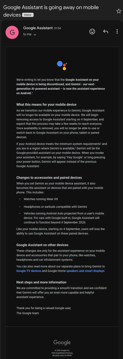 rustybrick's tweet photo. ICYMI: Google Assistant to start going away on September 4th https://t.co/4DSSKdMUxB https://t.co/W3sGqpg78J