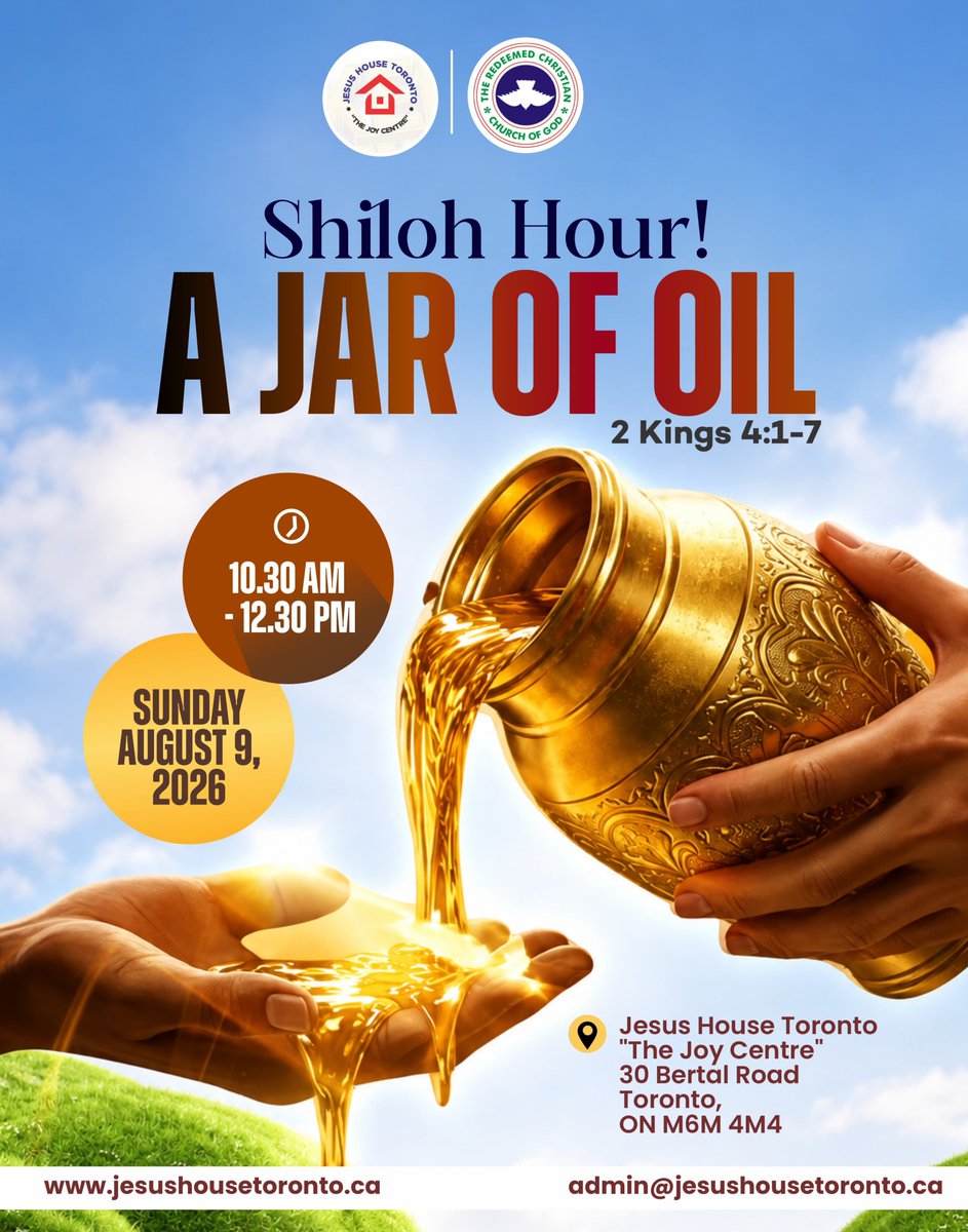 JesusHouseTO's tweet photo. Shiloh Hour! A JAR OF OIL. 

"Pouring out from the jar of oil into vessels of debts, bills, finances and resources" 2 Kings 4:1-7

Jesus House Toronto  "The Joy Centre" 30 Bertal Road Toronto, ON M6M 4M4  https://t.co/8VvEQpkCzh
admin@jesushousetoronto.ca https://t.co/cv1XeqmO0y