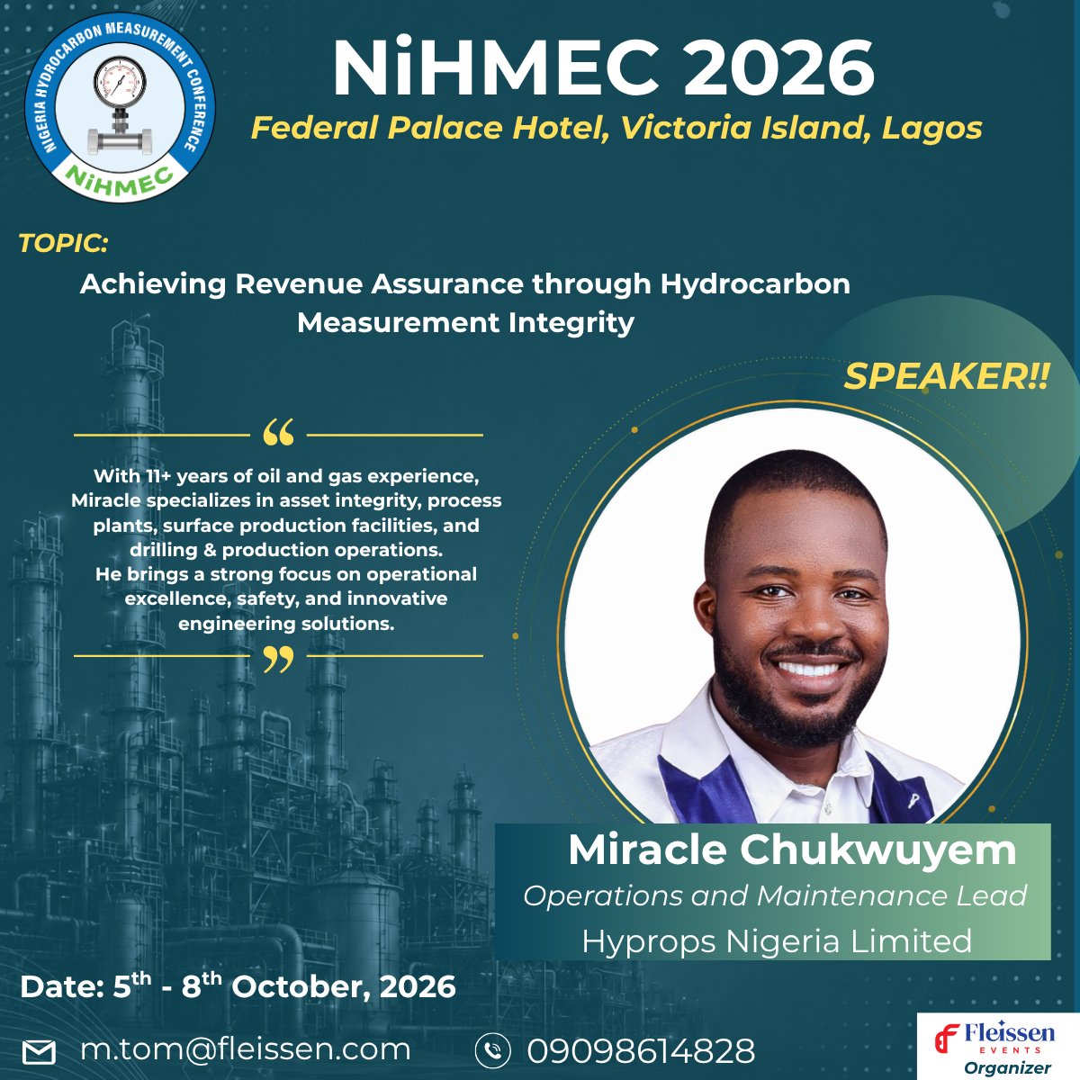 NiHMEC's tweet photo. 𝐖𝐄’𝐑𝐄 𝐄𝐗𝐂𝐈𝐓𝐄𝐃 𝐓𝐎 𝐀𝐍𝐍𝐎𝐔𝐍𝐂 𝐎𝐔𝐑 𝐒𝐏𝐄𝐀𝐊𝐄𝐑! 🎤

Meet Miracle Chukwuyem, Operations &amp; Maintenance Lead, Hyprops Nigeria Limited, joining us at NiHMEC 2026! https://t.co/GPvojZ3NKA