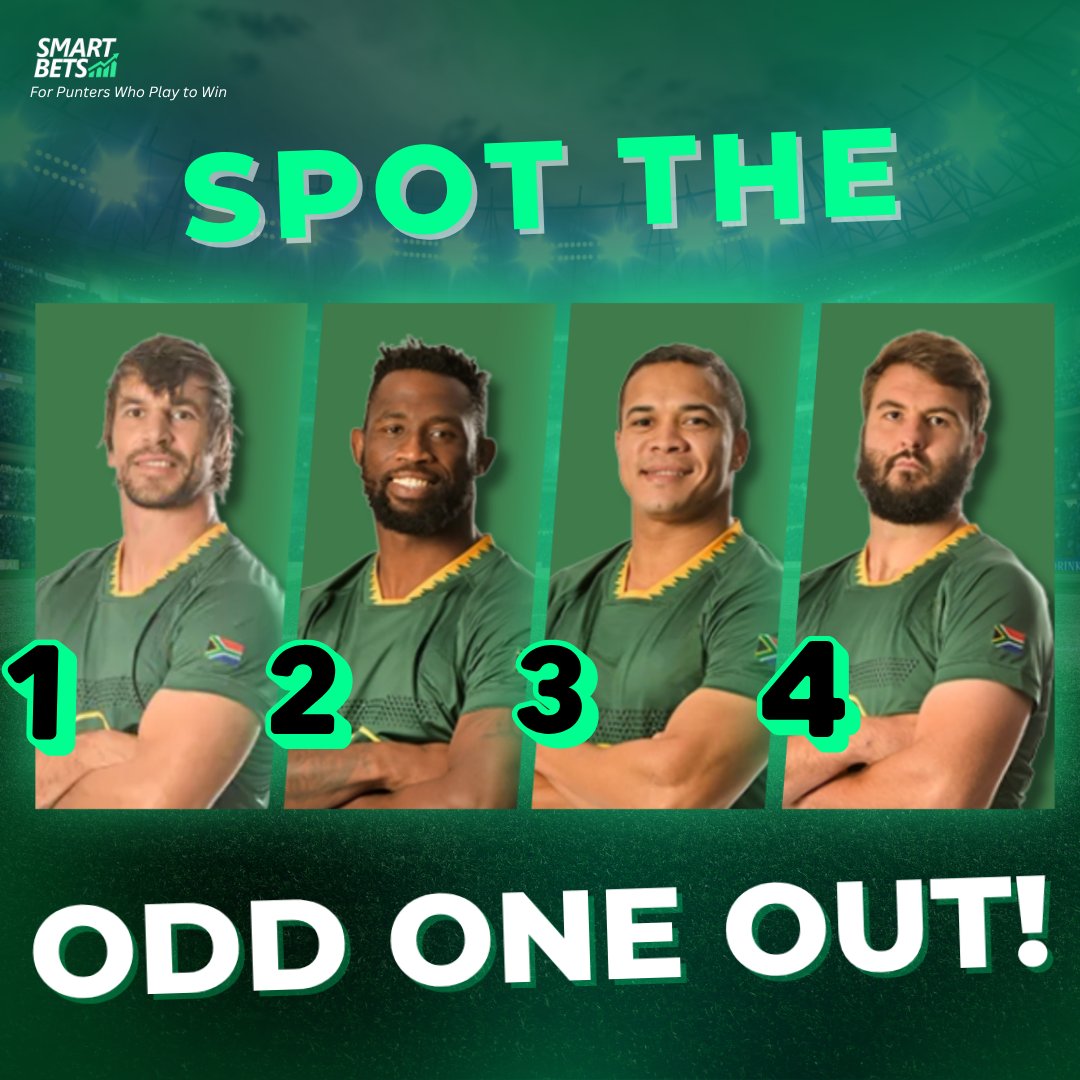 SmartBetsZA's tweet photo. 🎁 WIN UP TO R100 IN VOUCHERS! 🏉

Can you spot the odd one out? 👀
💡 Hint: All 4 players have represented the Springboks on the international stage. 🇿🇦
 Three plays the same position… one isn’t 👀

⚠️ To enter, comment the correct number and the player's full name.

Two winners will be selected to win R50 voucher each! 👥 

 ⏰ Entries close at 12AM (SAST).

#ForPuntersWhoPlayToWin #SpotTheOddOneOut #Springboks #RugbyQuiz #VoucherGiveaway