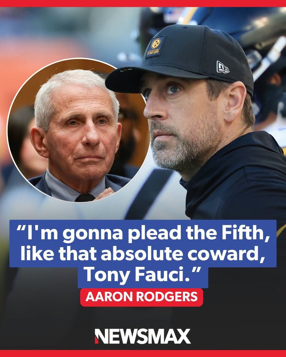 NEWSMAX's tweet photo. 'AN ABSOLUTE CRIMINAL': Pittsburgh Steelers quarterback Aaron Rodgers slammed Dr. Anthony Fauci for invoking the Fifth Amendment in last week's hearing before a Senate committee. MORE: https://t.co/cwwxghTAi1 https://t.co/U8Hwi3IGGp