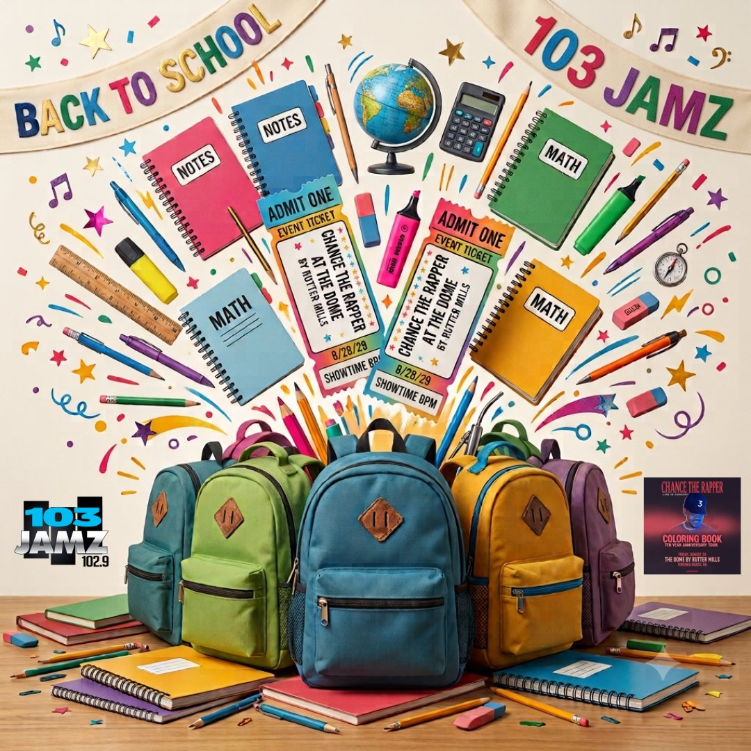 103JAMZRADIO's tweet photo. Listen to #103JAMZ on your radio or #iHeartRadio to win 4 backpacks filled with school supplies for your kids! 🎒

Plus, we’ll throw in 2 🎟 to see #ChanceTheRapper at The Dome by Rutter Mills.

Only on the 757’s official back-to-school station! 🏫📻

https://t.co/5KGRC3Qm2w https://t.co/lid8HSi4RU