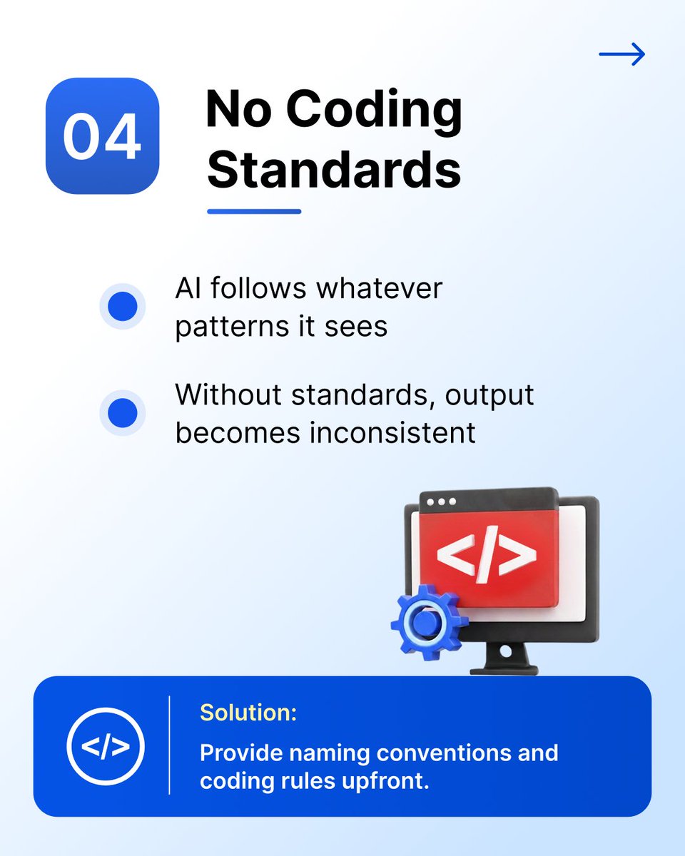 CodeStudioSF's tweet photo. AI learns from the patterns you provide.
Without coding standards, naming conventions, or team guidelines, every response can follow a different style.
Shared standards create predictable, maintainable code.
➡️One final habit makes the biggest difference 👇
#CodeStudio #CodingStandards #CleanCode #SoftwareEngineering #DeveloperWorkflow