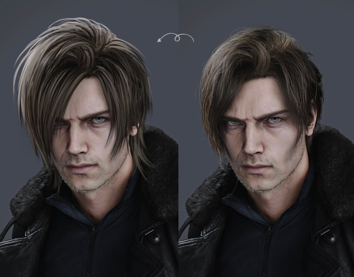 zombiyh's tweet photo. i made this edit as a joke but i dont think its a joke anymore. why does unc leon look better with gyaruo hair https://t.co/motsTnhdZ7