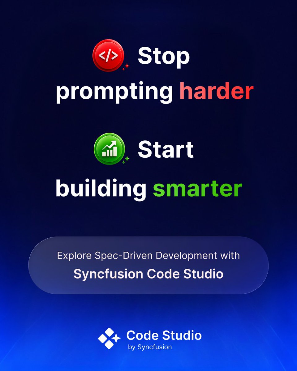 CodeStudioSF's tweet photo. Better AI results don't come from writing longer prompts.

They come from providing context, defining standards, and building structured workflows that AI can consistently follow.

That's the idea behind Spec-Driven Development with Code Studio.

Build smarter, not harder.

#CodeStudio #SpecDrivenDevelopment #AIDevelopment #DeveloperTools #BuildSmarter