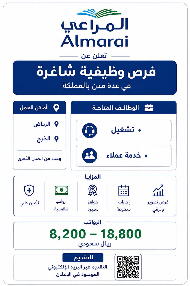 RahafRecruit's tweet photo. 🚨 فرصتك في المراعي وصلت!
إذا كنت تبحث عن وظيفة مستقرة برواتب مجزية، فهذه فرصتك 

✅ الوظائف : • تشغيل • خدمة عملاء

📍 أماكن العمل:
الرياض
الخرج
ومدن أخرى داخل المملكة

📧للتقديم يرجى إرسال السيرة الذاتية على البريد التالي: carreeshub@gmail.com
لا تفوت الفرصة،وشارك الإعلان. https://t.co/UtXD3UIR12
