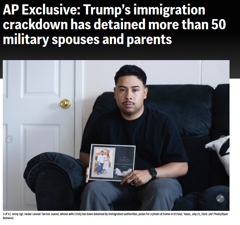jack_brook96's tweet photo. The Trump administration has detained more than 50 spouses and parents of active-duty U.S. military service members, the AP found. 

Yet military recruiters continue to promise immigration benefits for soldiers' families even as the administration rolls back these protections. https://t.co/fkllx82Yfk