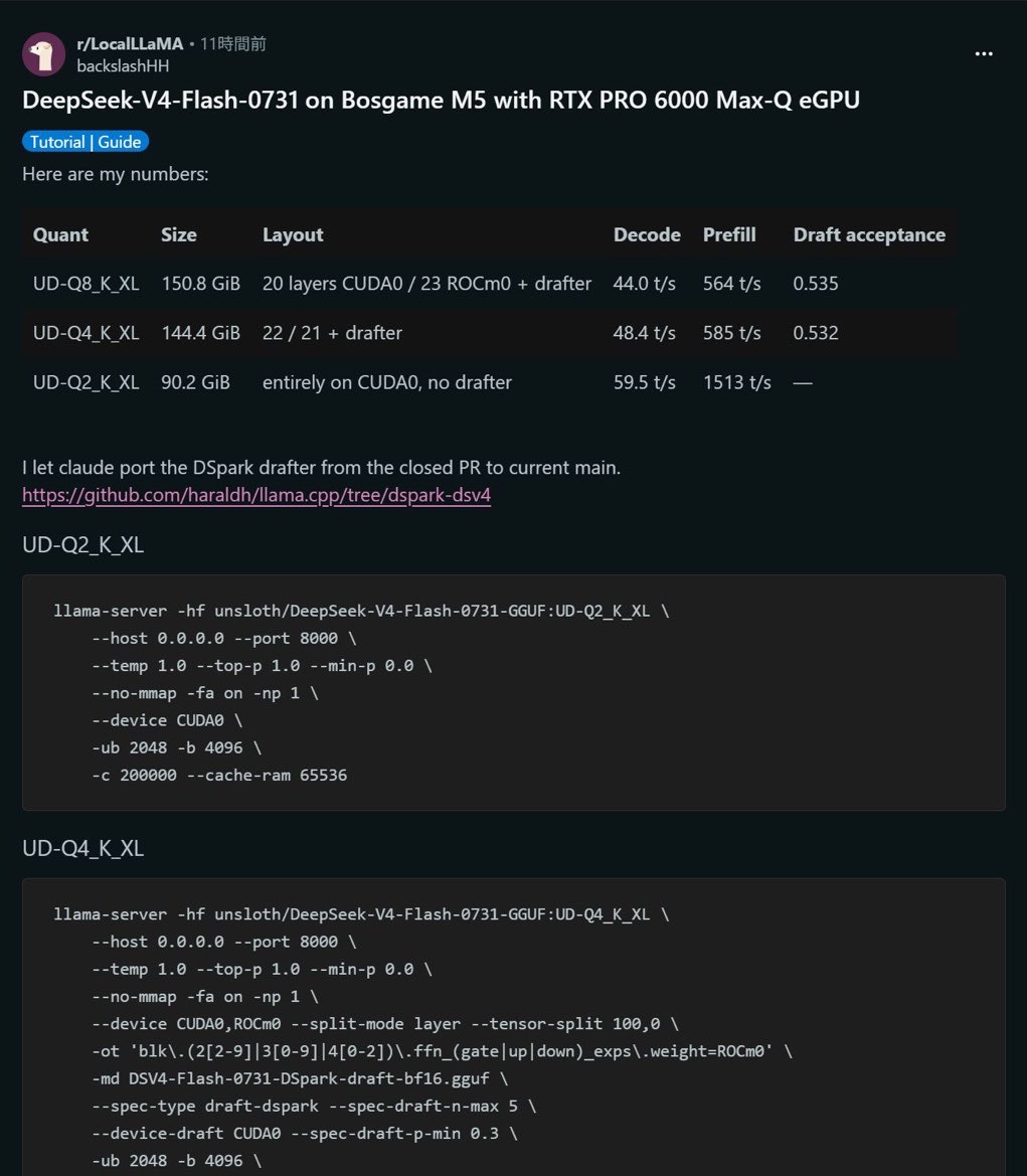 0x0SojalSec's tweet photo. This is the most interesting llama.cpp update in months.

DeepSeek-V4-Flash going from “impossible” to 48 tokens/sec on mixed GPUs

You can now assign individual MoE experts to your AMD GPU while the rest stays on CUDA

DSpark (speculative decoding) & ultra-precise hybrid GPU offloading is now working.

You can now run massive MoE models like DeepSeek-V4-Flash with:

- Hybrid CUDA & ROCm (assign specific layers/experts to AMD via regex)
- 53% draft acceptance rate
- NVIDIA & AMD GPUs can now run 150GB+ MoE models at 44-48 t/s
on mixed GPU setups Mixed 

big models just became realistic for a lot of people.