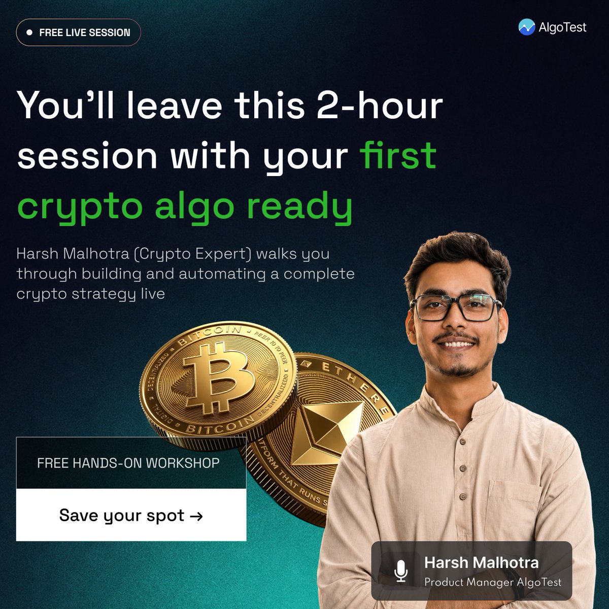 AlgoTest_in's tweet photo. 📈 Trade crypto with systems, not emotions. Learn to build and automate a live BTC & ETH Crypto F&O algo.

Book now: https://t.co/7VWZcuy54X

What you'll learn:
• Build & automate a Crypto F&O strategy
• No-code automation for BTC & ETH
• Live demos of real trading strategies
• Risk management for 24/7 crypto markets

📅 Aug 9 | 🕛 12 PM | 💸 Free

🎁 Attend live to unlock exclusive bonuses worth ₹24,499. These won't be shared in the recording.