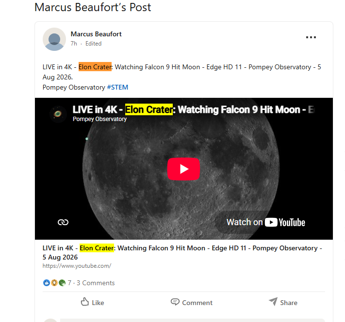 QuantsDev1223's tweet photo. This is actually insane as fuck

The SpaceX rocket hit the moon today and previously they had a crater named 'einstein crater' due to einsteins rocket hitting the moon.

Now they just gave the new spacex rocket crater the name of 'The Elon Crater' 

Elon literally has a crater on the moon named after himself

This is gonna be a generational meme and will be talked about everywhere on the news

Proof of name:
https://t.co/tLiqegPiq0

https://t.co/Sd2HjUP8kH