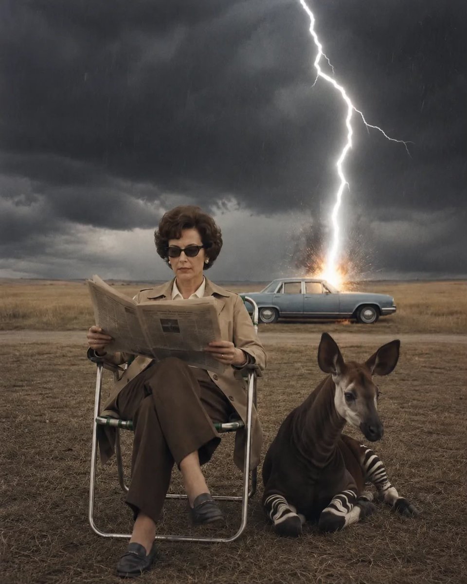 im_shahid7's tweet photo. Made with GPT IMAGE 2
Prompt:

Surreal editorial photograph of [PERSON] seated calmly on [SEAT] in the foreground, wearing [CLOTHING], with [ANIMAL] beside them. The subject is reading [READING] with a composed, indifferent expression while [VEHICLE] sits behind them in [BACKGROUND], confronted by [EVENT]. Use a restrained [COLORS] palette and preserve a 1972 photo aesthetic: 35mm analog look, slight film grain, faded color response, soft contrast, subtle yellow-brown cast, natural light, documentary framing, realistic depth, and understated period styling. Keep the composition clean and centered, with the seated figure dominant in front and the surreal event clearly visible behind; absurd, cinematic, dry, and believable, no modern digital look, no glossy retouching.