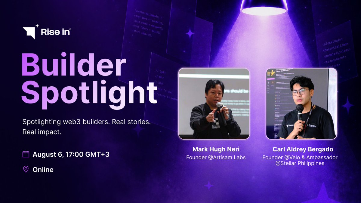PHI_Stellar's tweet photo. Bukas na! 👀

Samahan kami sa @riseinweb3 Builder Spotlight featuring two amazing builders from 🇵🇭

🎙️ Carl Aldrey Bergado (@Add2Carts), Founder of @RunVeloDev
🎙️ Mark Hugh Neri (@sleepbuildrun), Founder of @paytrexure 

We'll talk about their builder journey, hackathon experience, and what it's like building on @StellarOrg. 

Plus, ask your questions live!

 🗓 August 6
🕙 10:00 PM (PH Time)
📺 LIVE on @riseinweb3: https://t.co/WMekuyNmXn

Kita-kits! 🚀