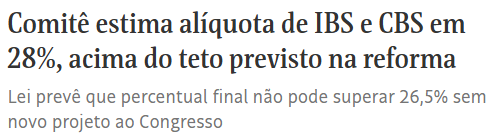 ASachsida's tweet photo. Para a surpresa de absolutamente ninguém, a alíquota estimada da CBS+IBS chegou a 28% — acima do limite autorizado pelo próprio texto legal.

E agora? Vão cumprir a lei ou aumentar novamente a conta do contribuinte? https://t.co/kd6wDHVq4Z
