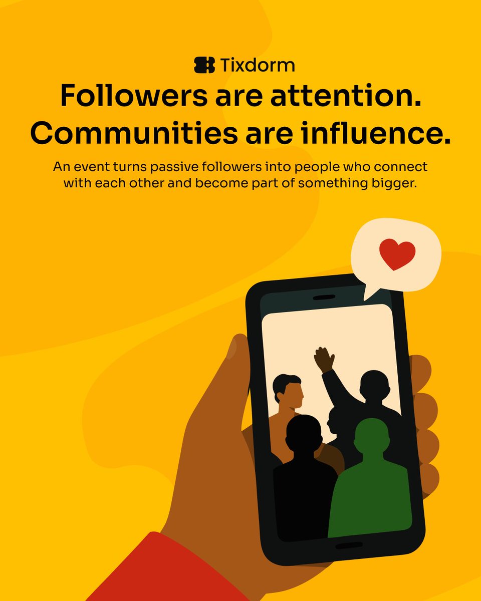 tixdorm's tweet photo. The biggest creators aren't just building audiences anymore.
They're building communities.

Content earns attention. Events create connection, trust, new revenue, sponsorship opportunities, and loyal fans.

If you've built an audience, maybe your next piece of content should be an event.