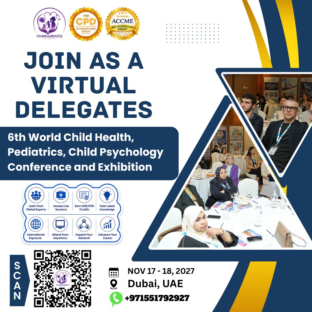 dr_lisharents's tweet photo. Be part of the #6th #World #ChildHealth, #Pediatrics, #Child #Psychology #Conference & #Exhibition through our Virtual Delegate program.
https://t.co/T7pxo03Tsy
WhatsApp: +971 551 792 927 https://t.co/Cx8IBiM0ZE
