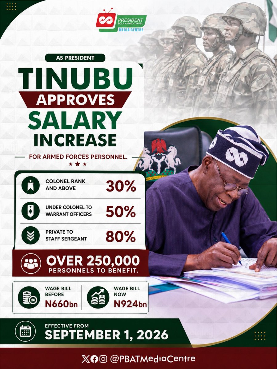 seyitinubulover's tweet photo. A breakdown of the newly approved salary increase for personnels of the Nigerian Armed Forces which is expected to take effect from next month.

#BelieveInPBAT https://t.co/FBuh5mes8W