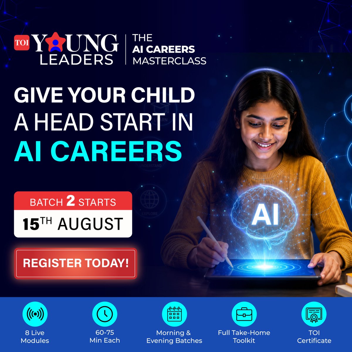 etimes's tweet photo. Help your child take the first step towards tomorrow's AI careers with the TOI Young Leaders AI Careers Masterclass.
Batch 2 starts on 15th August. Register today: https://t.co/agZOsYR1ce
#TOIYoungLeaders #AIMasterclass #FutureCareers #FutureReady #Parents https://t.co/Rqfy3d864I