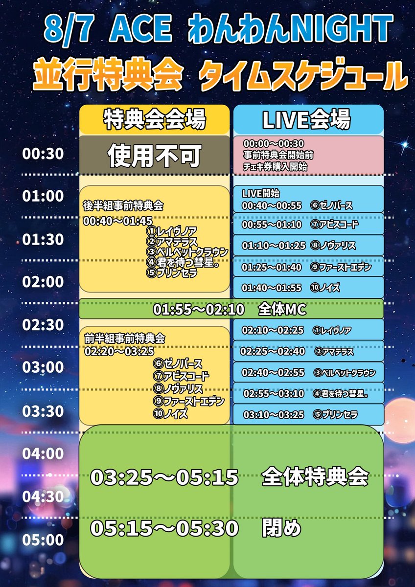 AzuRe_info_'s tweet photo. 🍻わんわんnightタイムテーブル公開🍻

8/7（金）新宿ACEにて行われるわんわんnightタイムテーブルこちらになります✨
ライブと特典会が同時進行いたしますのでご注意ください‼️

※全体特典会からの特典会参加はできませんので、特典会参加希望の方は事前特典会からご参加ください。

詳細は下記画像をご参照ください⤵️

ご来場お待ちしております‼️
