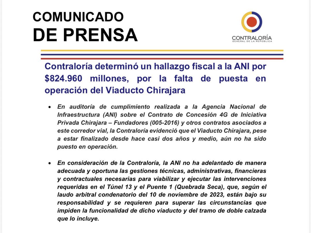 CGR_Colombia's tweet photo. 🚨La @CGR_Colombia determinó un hallazgo fiscal por $824.960 millones a la @ANI_Colombia, tras una Auditoría de Cumplimiento al corredor vial Chirajara–Fundadores y contratos asociados. 

📌La auditoría evidenció que el Viaducto Chirajara, terminado desde febrero de 2024, continúa sin entrar en operación, pese a la millonaria inversión realizada.