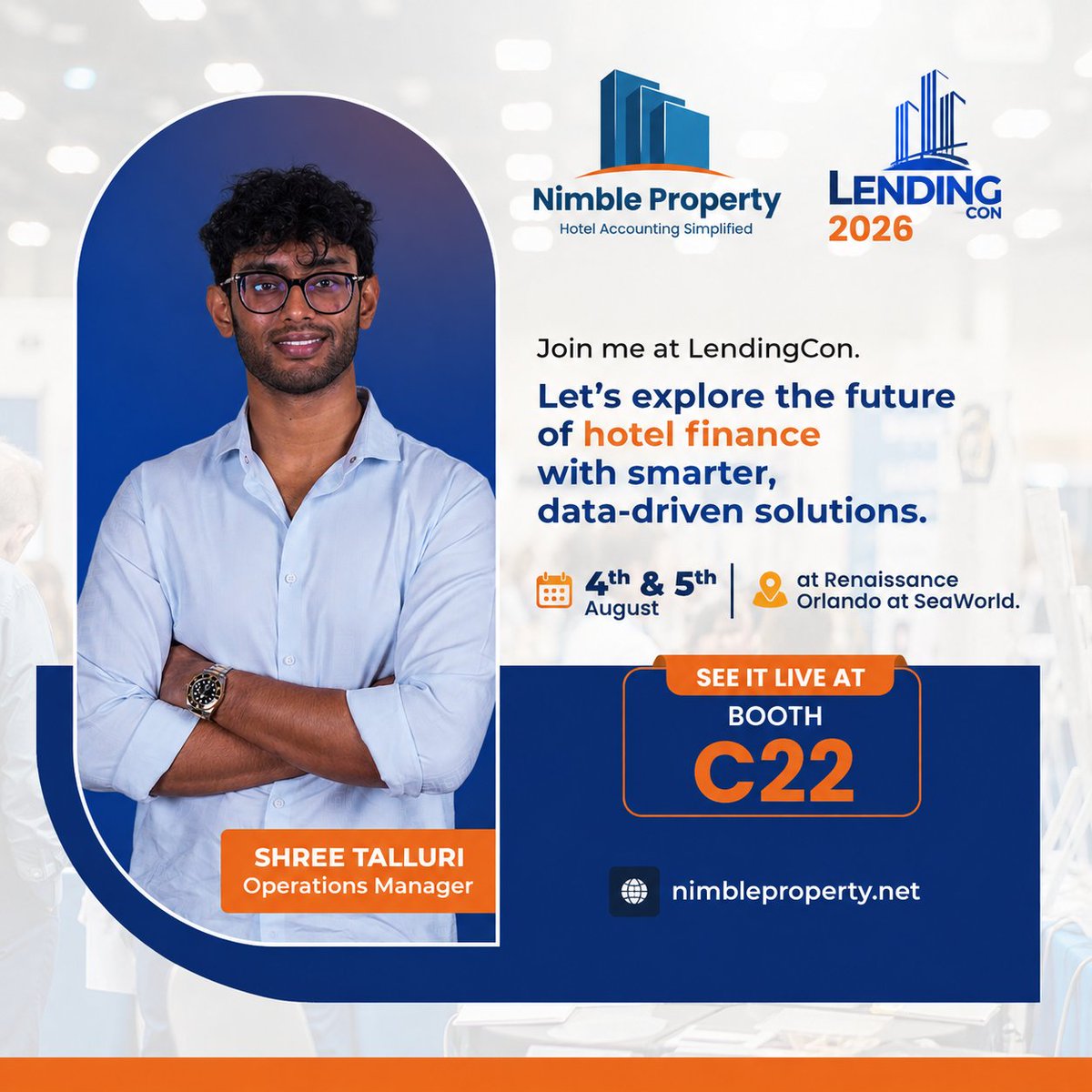 PropertyNimble's tweet photo. See you at LendingCon 2026!
Our Operations Manager, Shree Talluri, will be at Booth C22 to discuss how Nimble AI empowers hotels with smarter financial operations and actionable insights.
Let's connect!
#LendingCon2026 #NimbleAI #Hospitality #HotelFinance #HotelTechnology https://t.co/Y2ZKSEUX99