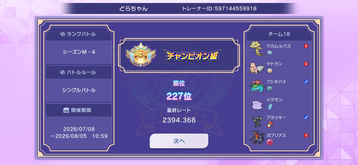 dorachandd's tweet photo. 最終チャンピオン級達成！！！
最終2394   227位
勝率7割超え！メガハガネール入り狂気の受け3メガ構築！
https://t.co/k3mNYMGmfM
構築記事は鮮度が大事！ https://t.co/N3EQAo4TWS