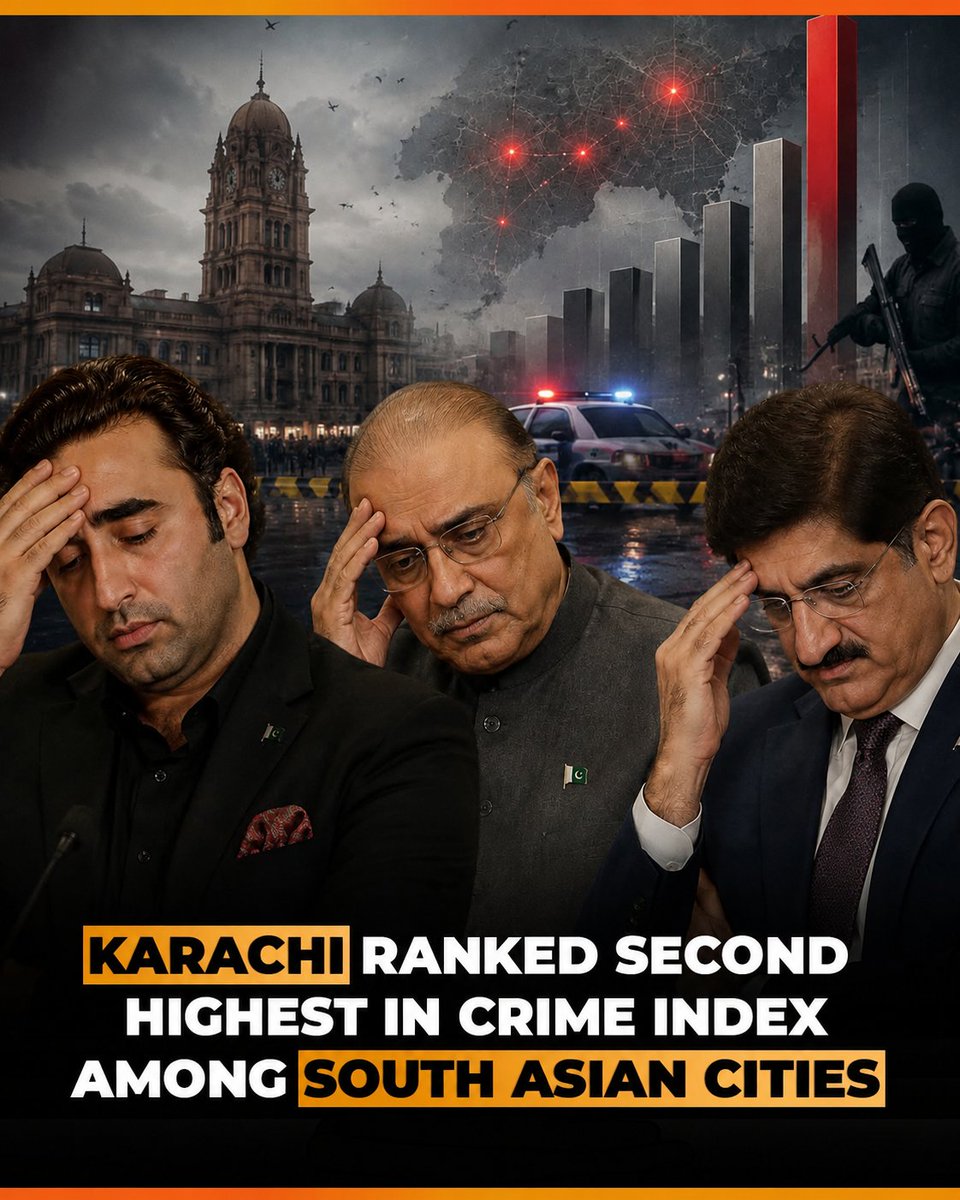 AmirHQureshi's tweet photo. کراچی (پپلیوں کا پیرس) جنوبی ایشیا کے تمام شہروں میں جرائم کی شرح کے حساب سے دوسرے نمبر پر آ گیا-
میں پیپلز پارٹی کی قیادت کو یہ اعزاز حاصل کرنے پر دلی مبارکباد پیش کرتا ہوں 🖐 https://t.co/oFrKtdBY47