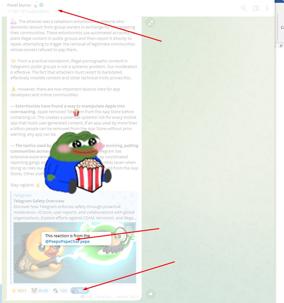 Sashka_10's tweet photo. Lets check that massive news

The creator of the most using sticker pack "Peepo" posted on his own channel https://t.co/M5MYJqFzD4 about meme $PEEPO/GRAM and make some giveaway via PEEPO tokens

Thats absolutely massive! 

BTW we also have emoji pack from that creator, what used by @durov on his own posts on TG channel (as ex. https://t.co/sClnmC5Aa4) and link of emoji redirect u to MEME CHAT of PEEPO memetoken

THAT SO INCREDIBLE

Creator of the most using sticker all over telegram in chat, work with us, will create new one stickers for CT and all of this going from Pavel Durov own channel

CA - EQAmZFuDbV0Ze8yR3lh3v0n8FISN-s3Yi7M8URCT--qc_t8x

MCAP 120K

YO @ZenithTON @ton_blockchain @toncommunity 

What do u think?