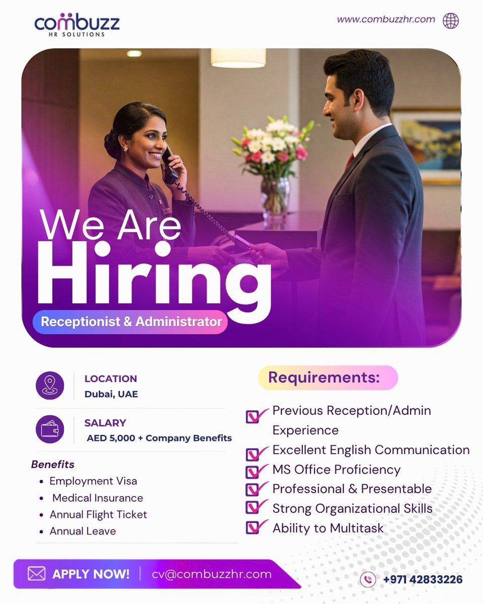 Combuzzhr's tweet photo. 🌟 We’re Hiring | Receptionist &amp; Administrator

.
.

📩 Apply Now
Send your updated CV to cv@combuzzhr.com https://t.co/9Ct7LkLmXI
