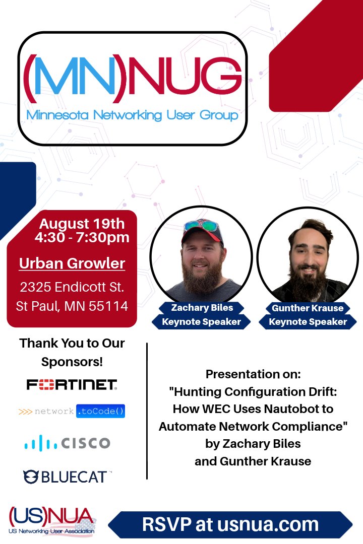 us_nua's tweet photo. Join us in two weeks for the next (MN)NUG event!
๐ FREE entry, food & drinks!
Sponsors:
Gold: Fortinet
Gold: Network to Code
Silver: Cisco
Silver: Bluecat
Fortinet: https://t.co/qCxwQEFmbE
NTC:
๐๏ธ Register: https://t.co/kv3RWEDRYu
#MNNUG #MNTech https://t.co/pBjltiWg1Q