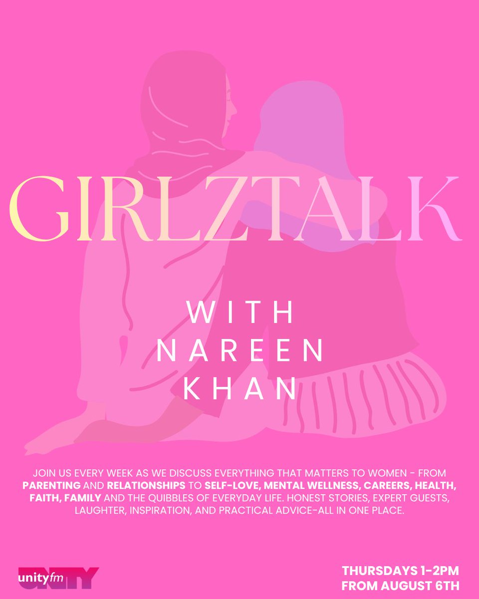 unityfm935's tweet photo. Join Nareen Khan for GirlzTalk, a new weekly show covering parenting, relationships, self love, mental wellbeing, faith, family and more.
π» Thursdays, 1 to 2pm
π
Starts 6 August
#UnityFM #GirlzTalk #Women #MentalWellbeing #CommunityRadio https://t.co/NQDJqNsIKT