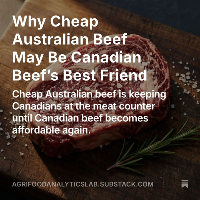 FoodProfessor's tweet photo. At first glance, the presence of inexpensive Australian beef in Canadian grocery stores seems absurd. 

How can beef raised thousands of kilometres away, shipped across the Pacific and distributed through Canada sell for substantially less than beef produced in Alberta?

Full article below...