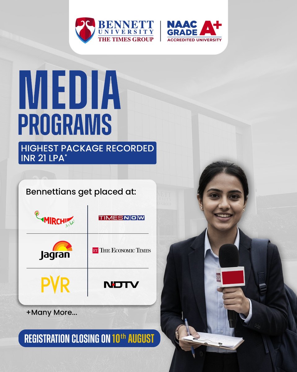bennettuniv's tweet photo. Gain the creative, technical, and storytelling skills to thrive, with a highest package of ₹21 LPA and recruiters like Times Now, NDTV, Radio Mirchi, The Economic Times, Dainik Jagran, PVR &amp; more.

Apply: https://t.co/EcUiosDajS

#BennettUniversity #MediaPrograms https://t.co/N2aC2nz5AS
