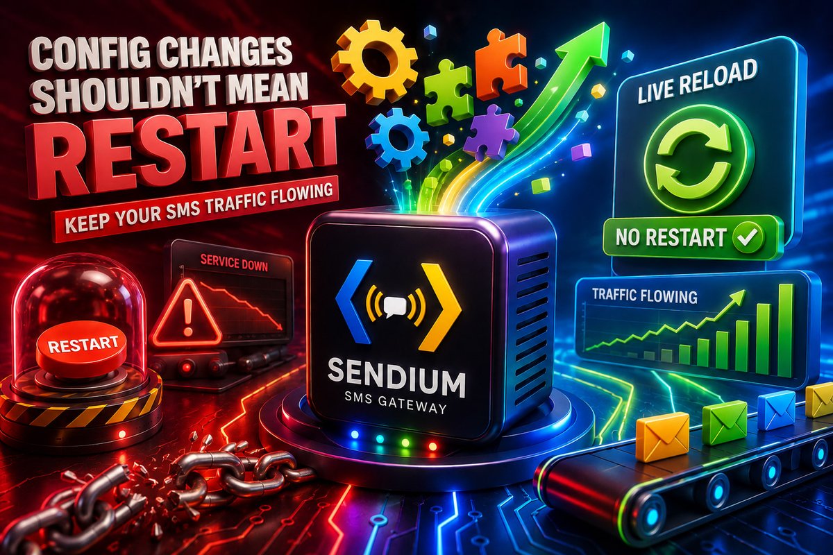 SendiumGateway's tweet photo. Not every SMS gateway config change should require a restart.
Sometimes you just need to adjust a route, change a TPS limit, or react to provider behavior in production.
That should not always feel like a maintenance window.
https://t.co/6PEgcAqVJi
#Sendium #SMPP https://t.co/SUmZUYJuBY