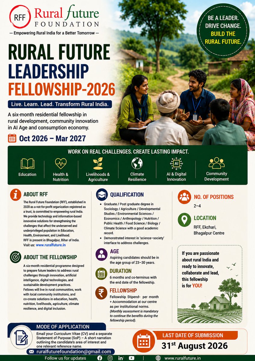FutureRural's tweet photo. Interested candidate can share profile on ruralfuturefoundation@gmail.com
#RuralFutureLeadershipFellowship #RuralFutureFoundation #LeadershipFellowship #RuralLeadership #YouthLeadership
#RuralDevelopment #CommunityDevelopment #SocialImpact
#DevelopmentSector #PublicHealth https://t.co/mjVlj7AA56