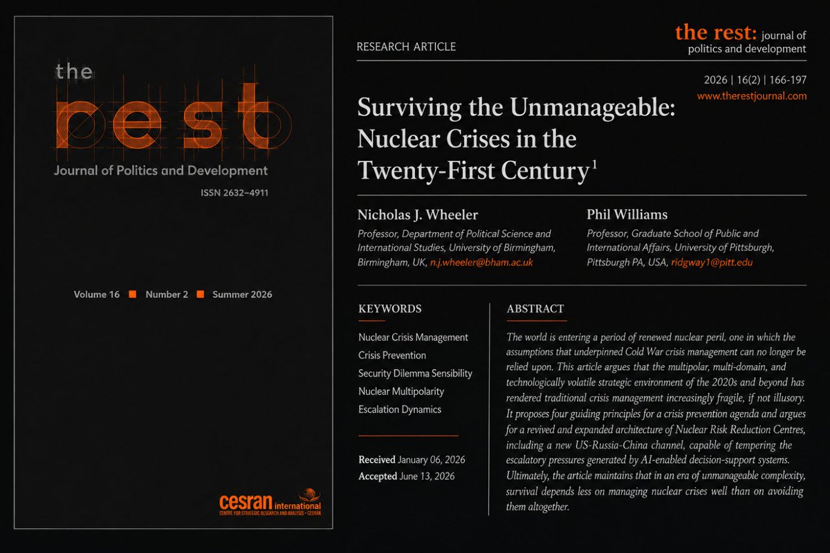 therestjournal's tweet photo. In our latest issue, Nicholas J. Wheeler @WheelerICCS  and Phil Williams argue that the assumptions underpinning Cold War nuclear crisis management no longer hold in today's increasingly complex strategic environment.

📖 Read the article here:
 https://t.co/S2D7ikjlzm https://t.co/dUgPr8bBwr